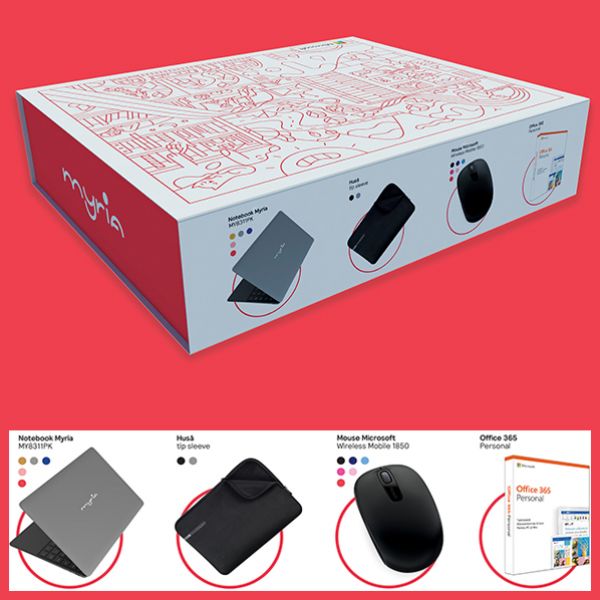  Pachet Laptop MYRIA MY8311PK cu Windows 10 Home preinstalat + Office 365 + Husa + Mouse