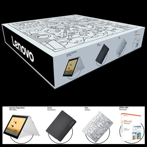 Pachet Laptop 2 in 1 LENOVO Yoga Book YB1-X91L cu Windows 10 Pro preinstalat + Office 365 + Husa + Skin laptop
